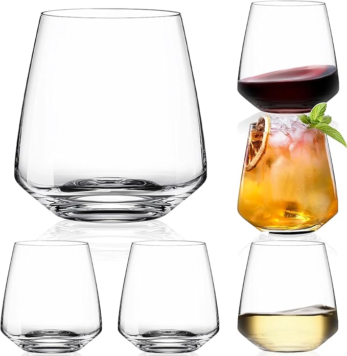 Stemless Wine Glasses Set of 6-15oz【Hand-Blown】 Durable Red White Wine Glasses,Unique Crystal Gifts for Him/Her for Wedding, Birthday，Engagement,Valentine's Day