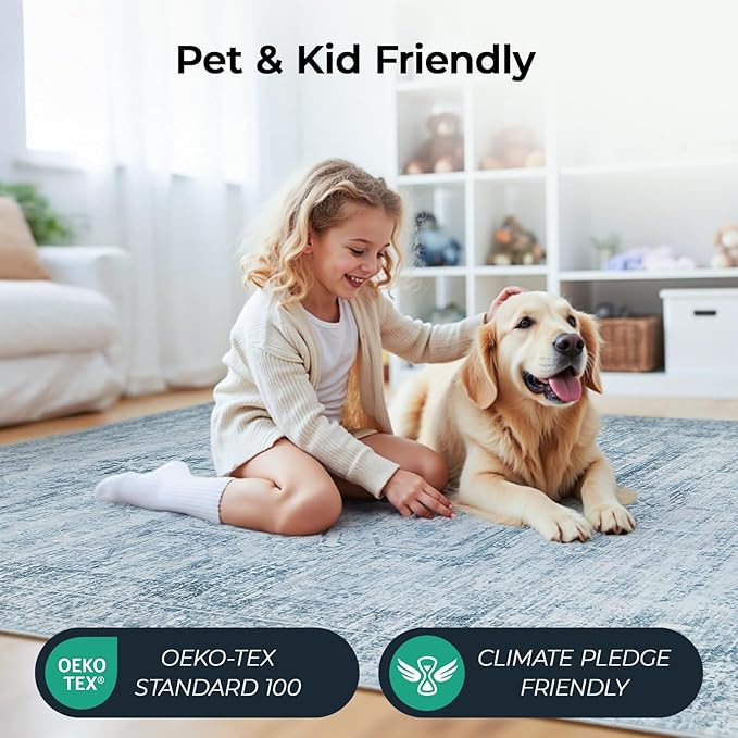 9x12 Area Rug for Living Room Bedroom Dining Room, Large Washable Soft Faux Wool Carpets, Neutral Retro Aesthetic Non-Skid Stain Resistant Blue Rugs for Kids Room