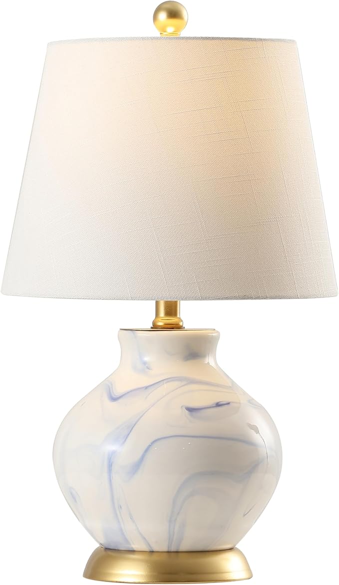 JONATHAN Y 20.5" Blue/White Marbleized Ceramic Table Lamp, Contemporary Traditional Bedside Lamp for Living Room, Gold Accents, White Linen Empire Shade, LED Bulb Included JYL3007A