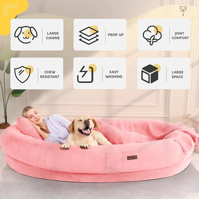 Human Dog Bed for Adult Kids, 70"x33"x12" Washable Faux Fur Human Size Dog Bed for People Doze Off, Pink