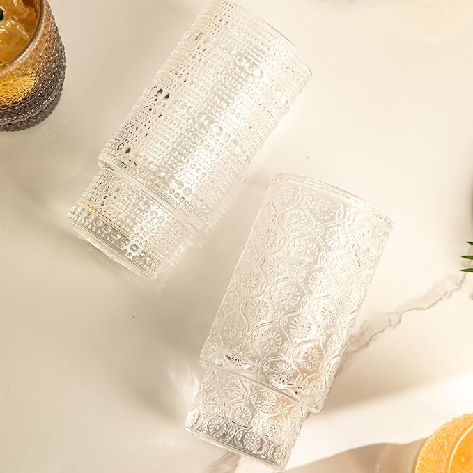 16oz Drinking Glasses Set of 4, 2 Hobnail Glasses & 2 Embossed Water Goblets, Flower Design Stackable Vintage Tumbler Glasses, Old Fashion Beaded Glass Cups for Cocktail, Iced Coffee, Beer