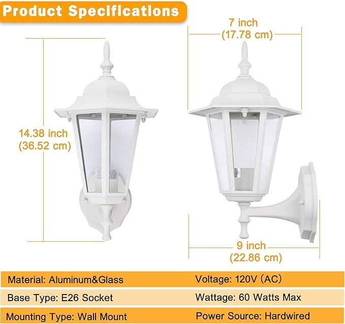 Outdoor Wall Lantern, Exterior Waterproof Wall Light Fixtures with Clear Glass, Die-Aluminum Porch Light, Anti-Rust Outside Lighting for Patio Front Door Entryway, Matte White, 2-Pack