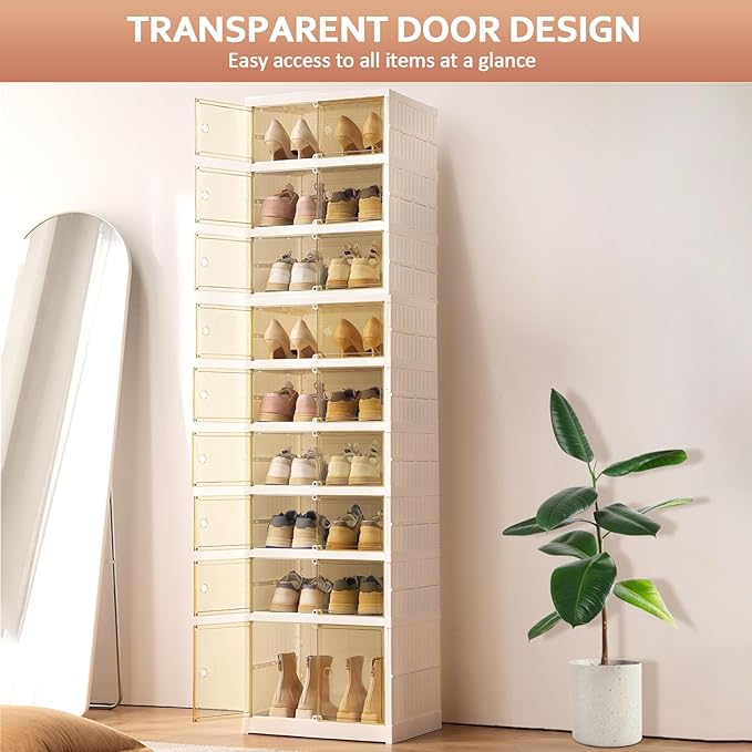 Shoe Rack Organizer for Closet Entryway 9 Tiers-18 Pairs Foldable Sneaker Storage Shoe, Collapsible Shoe Cabinet with Doors, Stackable Shoe Storage Cabinet with Lids for Living Room