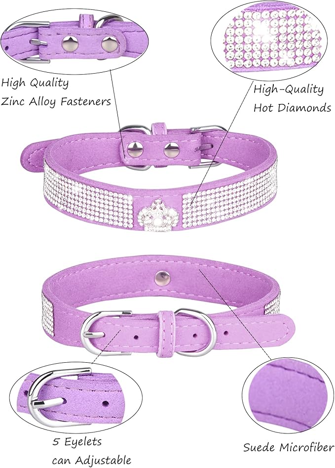Dog Collar for Small Dogs, Adjustable Leather Suede Bling Dog Collars，Pink Dog Collar Cat Collar, Rhinestone Dog Collar (L, purple3)