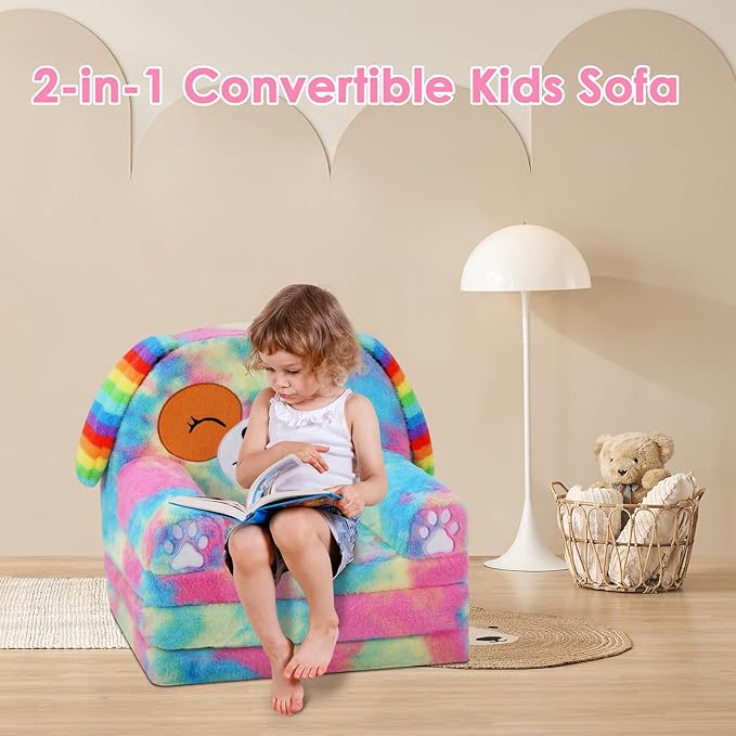 Kids Couch Comfy Foldable Kids Sofa to Lounger 2 in 1 Toddler Chair Plush Baby Sleeper Chair for Playing and Napping, Birthday Gifts for Boys and Girls