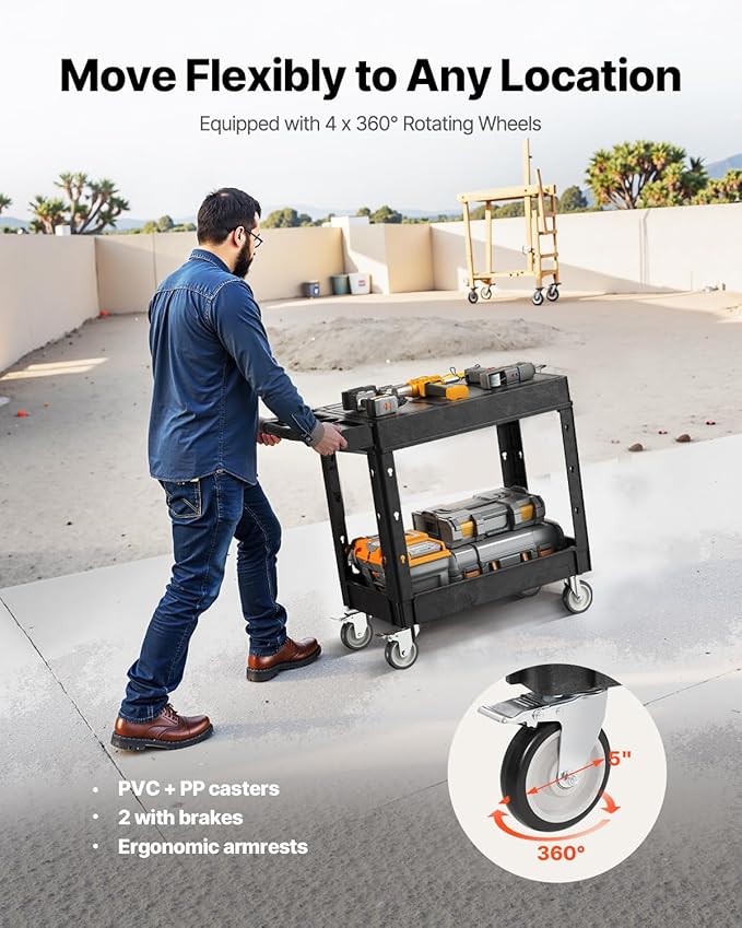 VEVOR Utility Cart, 550 lbs Load Capacity, 31.3 x 17.7-inch Service Cart, Two-Shelf Heavy Duty Plastic Utility Cart with 360° Swivel Wheels (2 with Brakes), Suitable for Warehouse, Garage, Cleaning