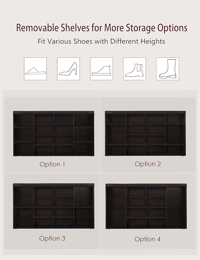 DINZI LVJ Shoe Storage Bench with Cushion, 14-Cubby Shoe Rack, Adjustable Shelves, Multifunctional Shoe Organizer Bench for Entryway, Mudroom, Hallway, Living Room, Bedroom and Garage, Espresso