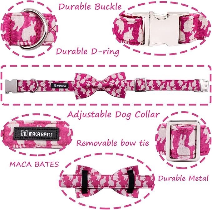 Maca Bates Easter Day Rabbit Dog Collar with Fancy Bow Tie for Extra Large Girl Boy Dogs, Pink Bunny Pattern,Adjustable Durable Soft Breakaway Collars for Male Female Puppy