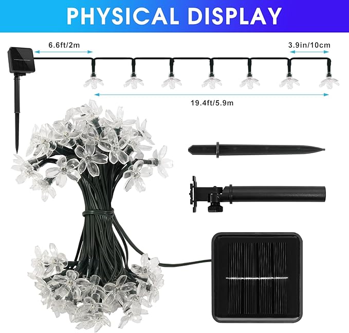 60 LED Solar String Lights Outdoor Waterproof Flower Fairy Lights for Garden Fence Patio Yard Christmas Tree Lawn Wedding Party Decor, Blue and Pure White