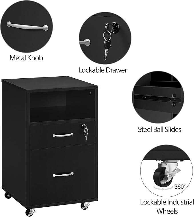Yaheetech File Cabinet, Under Desk Vertical Cabinet with 2 Drawers and Open Compartment, Printer Stand with Lockable Wheels for A4 Letter Size Hangable File Folders for Home Office(Black)