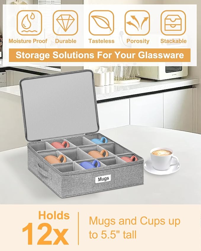 punemi Mug Storage Organizer w/Hard Shell Sides & Bottom, Padded Dividers, 2-Pack Stackable Coffee Mug Storage Boxes for Tea Cups, China Storage Containers for Packing & Moving