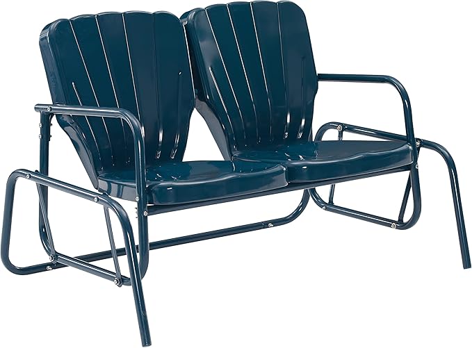 Crosley Furniture Ridgeland Retro Metal Outdoor Loveseat Glider, 2-Person Rocking Patio Bench for Porch, Navy Gloss
