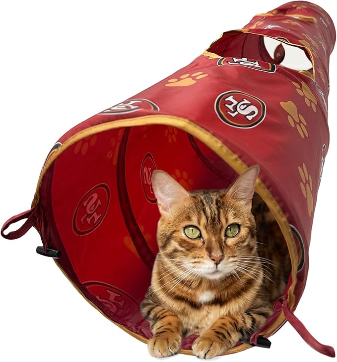 NFL San Francisco 49ers Cat Tunnel Tube Toy with Plush Football Catnip and Feathers Collapsible Tunnel for Cats to Play, Peek and Hide, Sporty & Fun Cat Tunnel Toy with Team Logo All-Over Design!