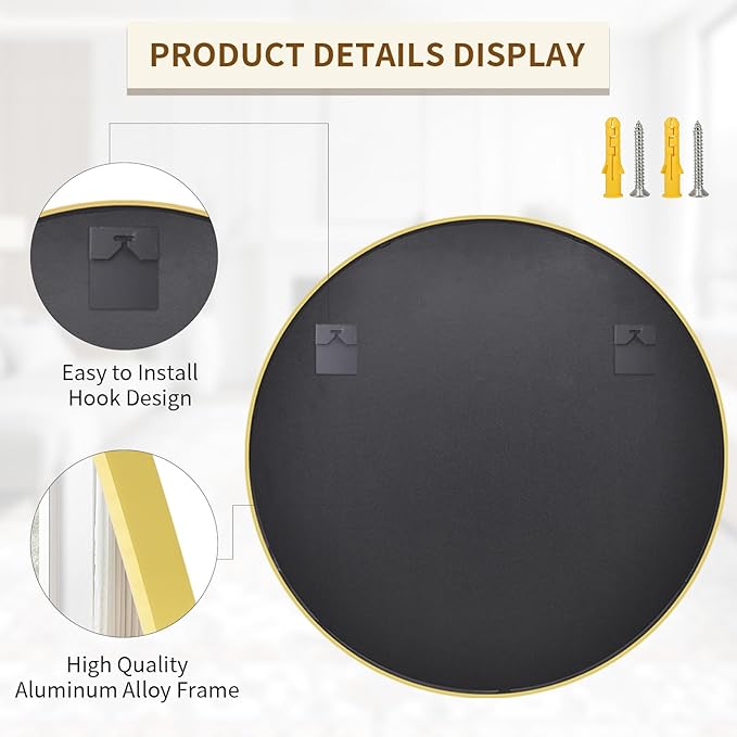BEAUTYPEAK 48 Inch Round Mirror, Metal Frame Circle Mirror, Wall Mounted for Entryway, Bathroom, Vanity, Living Room, Gold