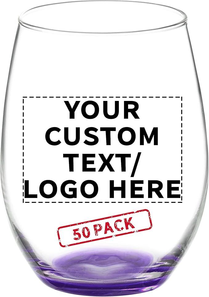 DISCOUNT PROMOS 50 ARC Stemless Wine Glasses Set, 21 oz. - Customizable Text, Logo - Chardonnay, Cabernet, Merlot, Sauvignon - Purple