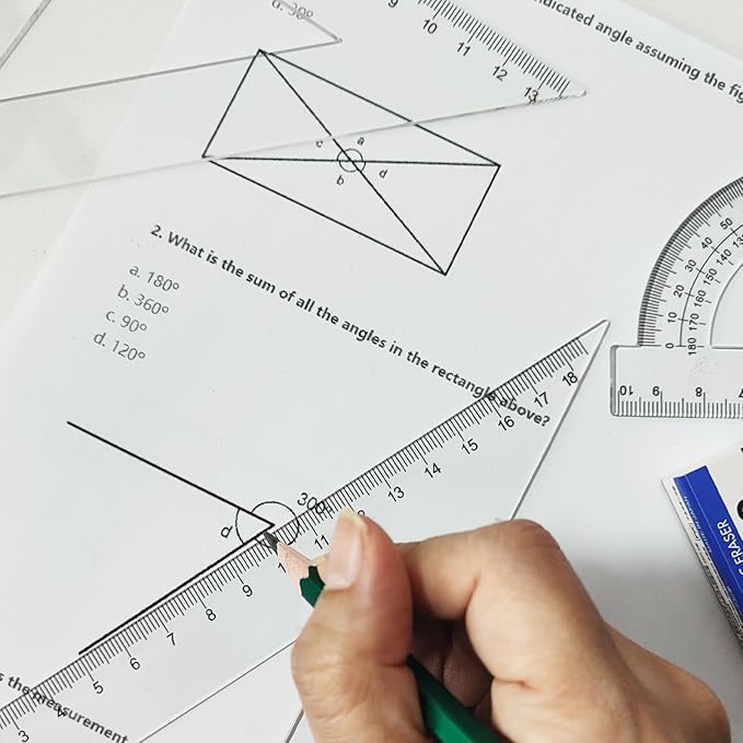 Clear Math Geometry Tool Set,12 Inch Ruler 4 PCS for Measuring and Drafting, Transparent Plastic Straight Ruler, Triangle Rulers, Protractor for Student School Office Supplies, Imperial Metric