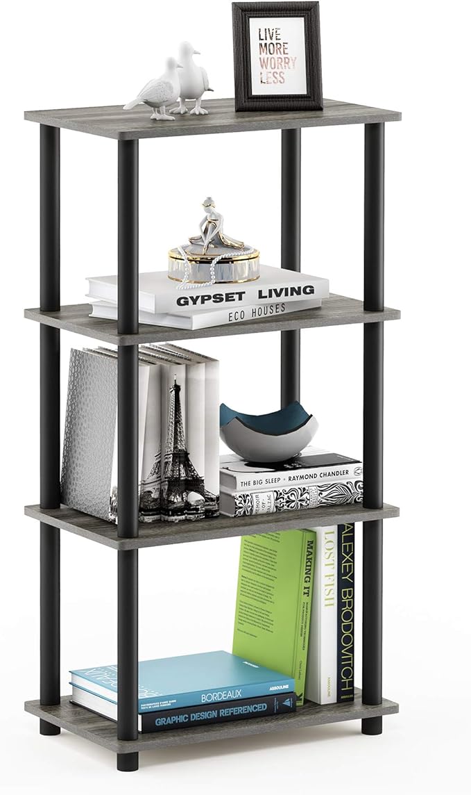Furinno Turn-N-Tube No Tool 4-Tier Storage Shelf, Narrow, French Oak Grey/Black