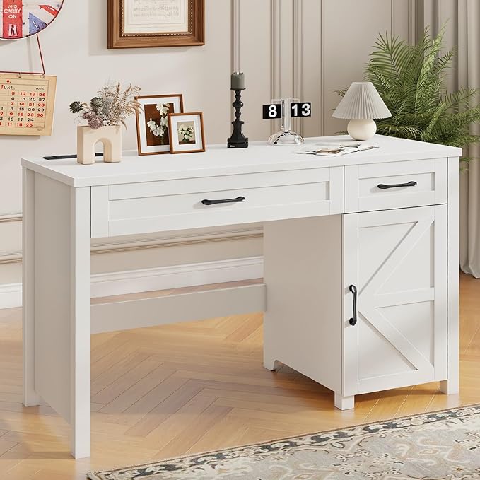 Farmhouse 47" Executive Desk, Computer Desk with Drawers and Storage Cabinet, Workstation Computer Desk for Home Office, Study.(Cream White)