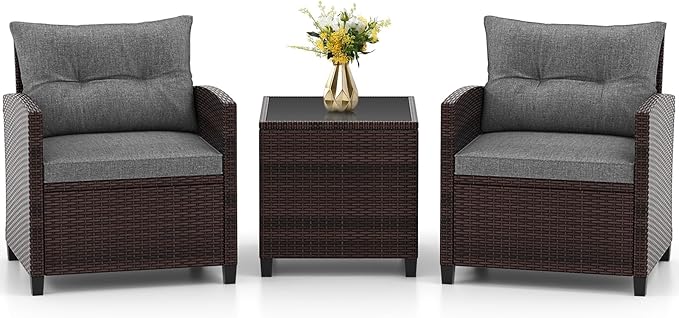 RELAX4LIFE 3-Piece Patio Furniture Set - Wicker Bistro Conversation Set w/2 Cushioned Armchairs & Glass Topped Table, Outdoor Rattan Sofa for Porch Balcony Poolside (Grey)