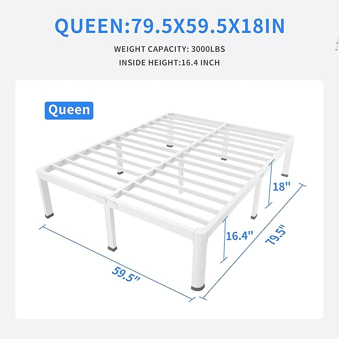 MAF 18 Inch Queen Size Bed Frame White with Round Corner Legs Mattress Slide Stopper No Box Spring Needed Heavy Duty Metal Platform Bed Frames Under-Bed Storage Space, 3000 LBS Steel Slats Support
