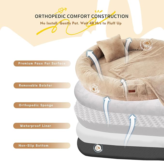 Human Dog Bed for Adults, 71"x51"x12" Washable Orthopedic Size, Faux Fur Removable, Cozy Large Present with Blanket and Pillow, Khaki
