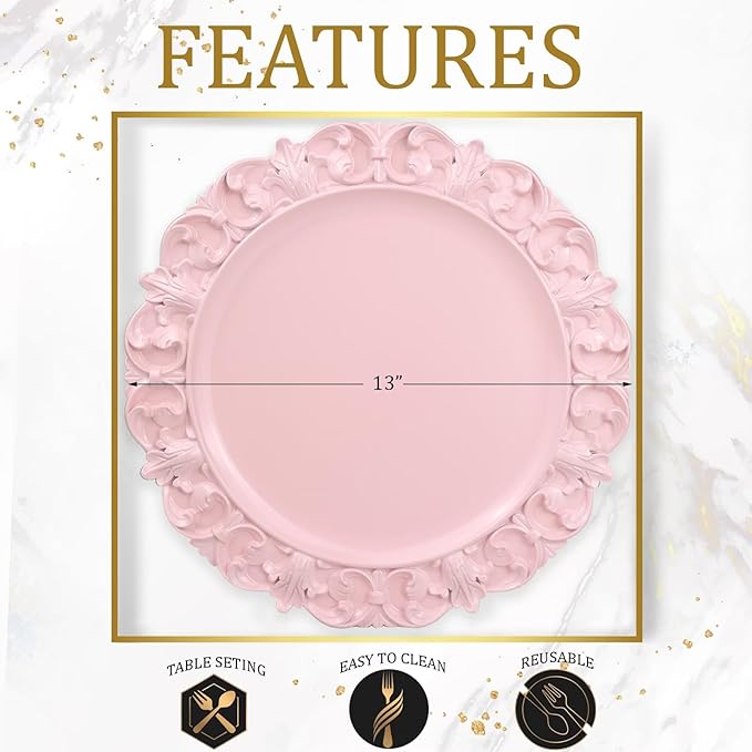 13" Pink Charger Plates, Set of 6 Plastic Textured Chargers for Dinner Plates with Embossed Rim, Table Décor, Party, Wedding, Holiday