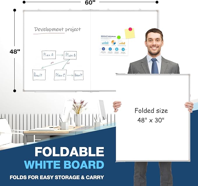 WALGLASS Large White Board Dry Erase Board, 60" x 48" Double-Sided Foldable Dry Erase Board for Wall, Magnetic Whiteboard for Office, Home, School, Kitchen