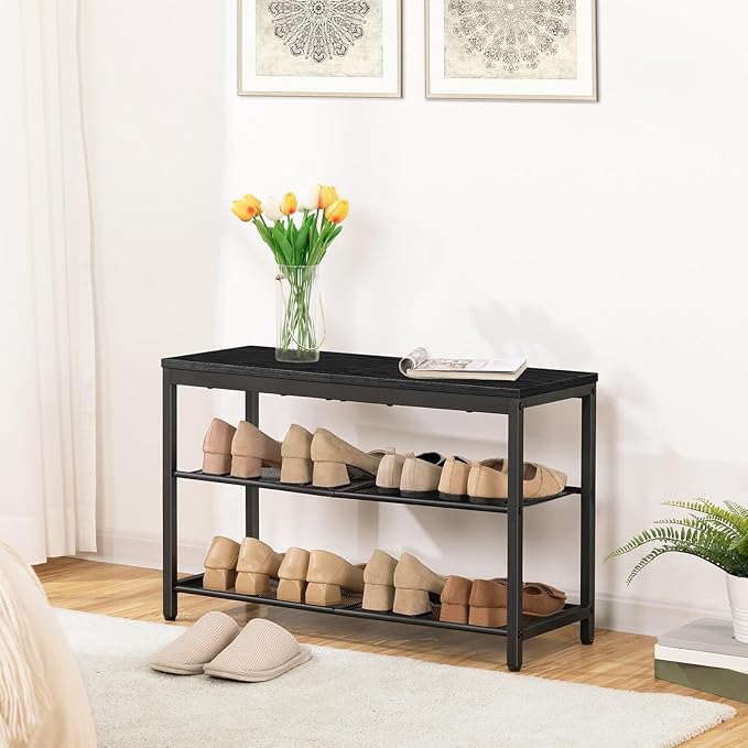 HOOBRO Shoe Bench, 3-Tier Shoe Rack, Industrial Shoe Organizer Storage Bench, 29.5 inches Entry Bench with Mesh Shelves, for Entryway, Living Room, Hallway, Easy Assembly, Black BB75HX01