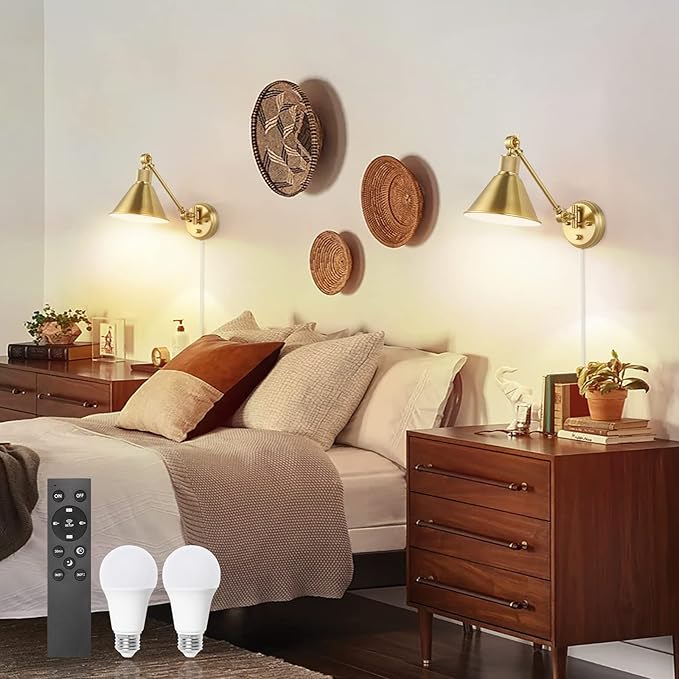 TRLIFE Dimmable Wall Sconce with Remote Control, Brushed Brass Plug in Wall Sconces Adjustable Color Temperature 2700K-6000K, Swing Arm Wall Lights with Plug in Cord, UL Listed(2 Pack, 2 Bulbs)