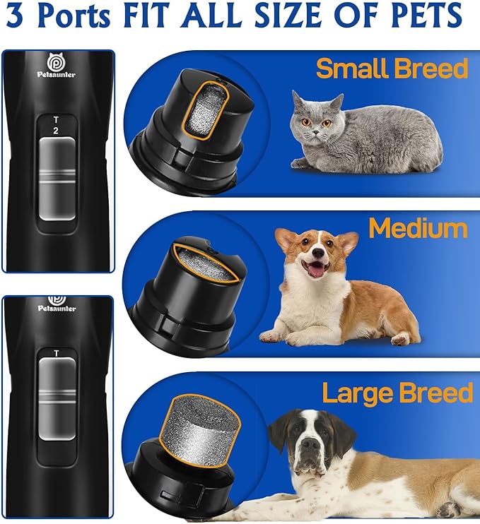 Dog Nail Grinder, 2-Speed and LED Light, Touch-Switch, TypeC, Quiet and Low-Vibration Dog Nail Trimmers, and 3 Ports for Large Dogs, Medium, Small Dogs Cats Pets with Hard or Thick Nail