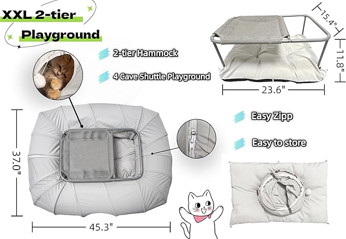 XxingSheep 2-Tier Cat Tunnel & Hammock Bed XXL, 4 Cave Shuttle with Elevated for Multiple Cats Toy Light Grey