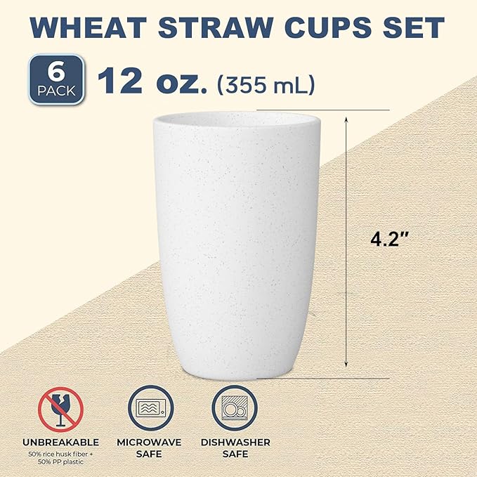 Wrova Wheat Straw Cups Set of 6 Good Alternative to Plastic Cups Reusable 12 oz Unbreakable Drinking Cup Reusable Dishwasher Safe Water Plastic Kitchen Glasses - White