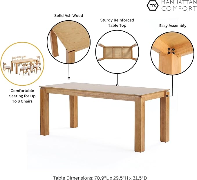 Manhattan Comfort Rockaway 70.86" Modern Solid Wood Dining Table for 8 - Unique Raised Beveled Top & Natural Wood Grain Finish, Durable & Elegant Kitchen Furniture, Nature