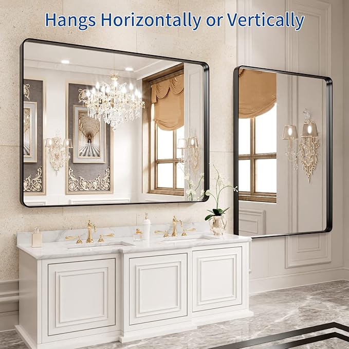 WEER Black Bathroom Mirror for Wall 40X30 Inch, Rectangular Black Metal Framed Vanity Mirror, Farmhouse Bathroom Mirror with Tempered Glass, Rounded Corner, Anti-Rust (Horizontal/Vertical)