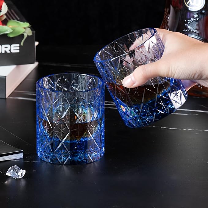 KAMMAK Crystal Whiskey Glass Set of 2, 7.78 oz (230 ml) Handmade Old Fashioned Tumbler, Thick Base Colored Glass with Delicate Rim & Seamless Design for Scotch, Bourbon, Cocktails, Blue 12-Facet