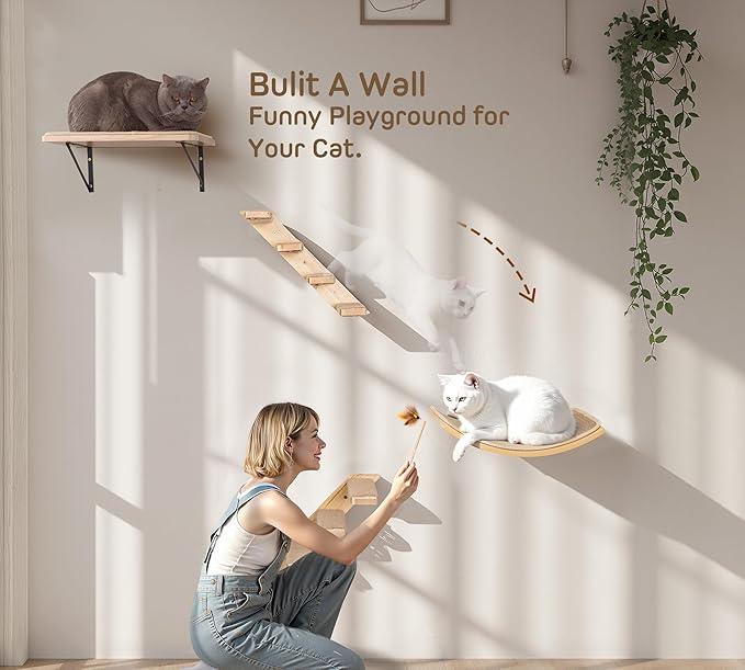 Wood Cat Wall Bed with Sisal Mat ??Curved Cats Shelf for Scratching and Sleeping, Wall Mounted Cat Furniture for Large Cats