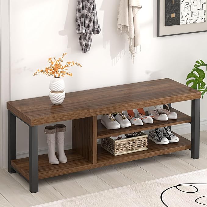 FOLUBAN Entryway Bench, Modern Wood Shoe Bench for Living Room Hallway, Industrial Indoor Shoe Storage Bench Seat, Rustic Walnut, 47 Inch