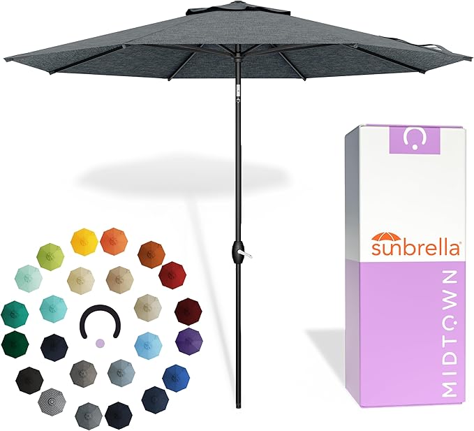 Midtown Umbrellas - The Lean 9 Ft Patio Umbrella with Fade-Resistant Sunbrella Fabric, Auto-Tilt Aluminum Frame and 8 Reinforced Ribs for Deck, Pool & Garden - Cast Slate Canopy, Black Pole