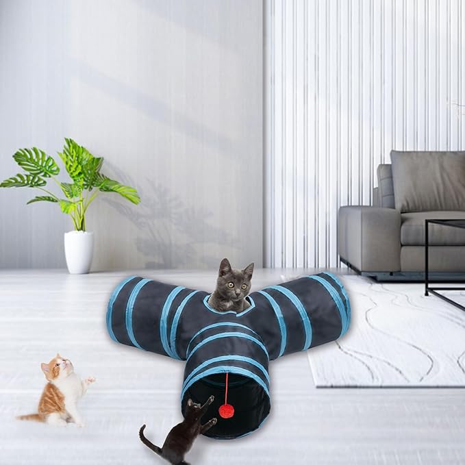 Cat Tunnel Tube Toys，Tunnels for Indoor Cats, 3 Way Blue Collapsible Interactive Toy with Balls for Rabbits, Kittens, Ferrets, Puppy