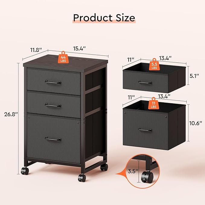 3 Drawer Mobile File Cabinet with Wheels Fabric Vertical Filing Cabinet fits A4 or Letter Size for Home Office,Black