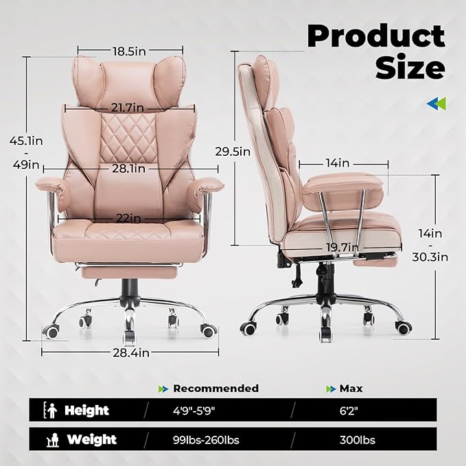COMHOMA Big and Tall Office Chair, High Back Leather Gaming Chair with Footrest, Executive Ergonomic Office Chairs with Pocket Spring Lumbar Support and with Outward Fixed Soft Armrests