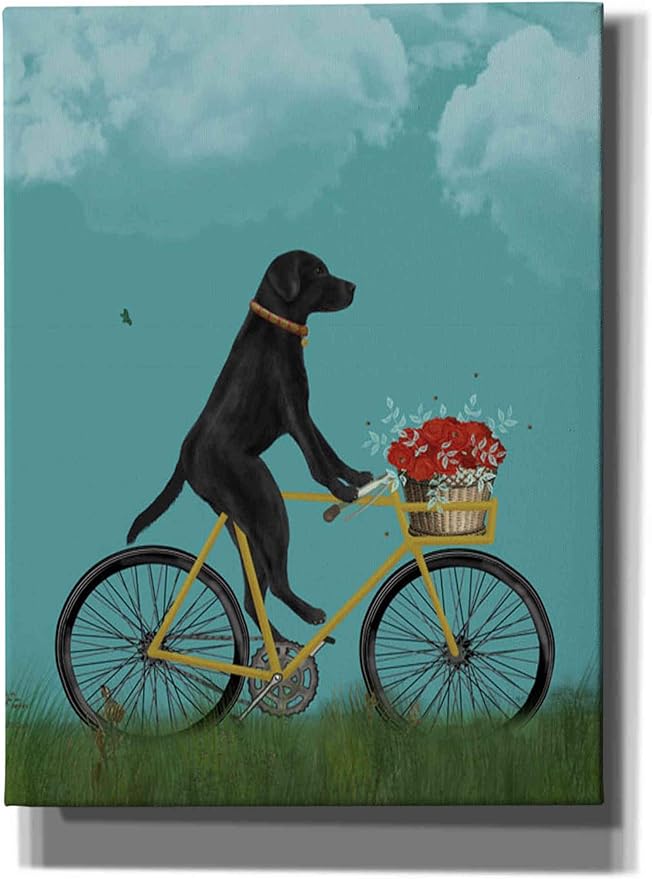 Epic Graffiti 'Black Labrador on Bicycle - Sky' by Fab Funky Canvas Wall Art, 26"x34"