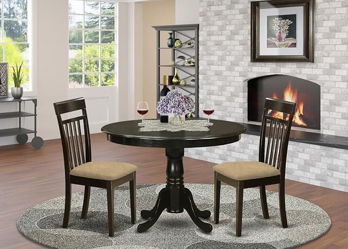 East West Furniture HLCA3-CAP-C 3 Piece Modern Dining Table Set Contains a Round Wooden Table with Pedestal and 2 Linen Fabric Upholstered Dining Chairs, 42x42 Inch, Cappuccino