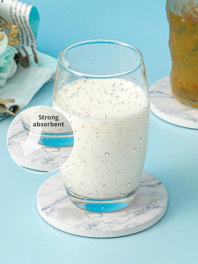 LIFVER Coasters for Drinks, White Marble-Style Absorbent Coasters with Holder, Housewarming Gifts for Home Decor, Suitable for Kinds of Cups, 4 Inches, Set of 6