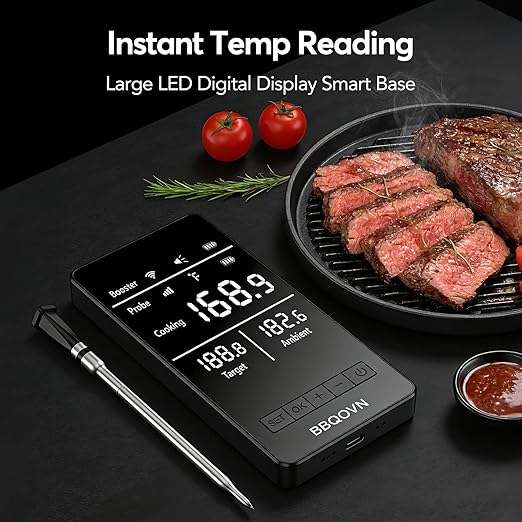 Smart WiFi Wireless Meat Thermometer, Sub-1G Long Range 1000FT, 7 NIST Certified Sensors in 1 Thin Probe ±0.5℉ Accuracy, Standalone Base with Large LED Screen for BBQ Grill Smoker Oven-White