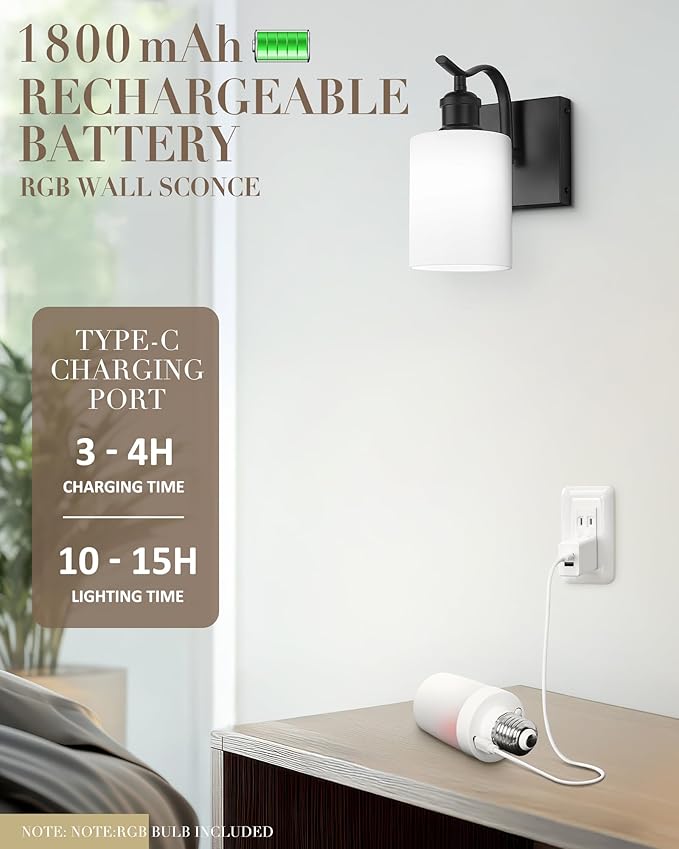 1-Light Bathroom Wall Sconce, Matte Black Modern Wall Light Fixture with Frosted Glass Shade RGB Bulb, RGB 12 Colors Modes Rechargeable Wall lamp for Bedroom Living Room, ZCVL01BK-1B