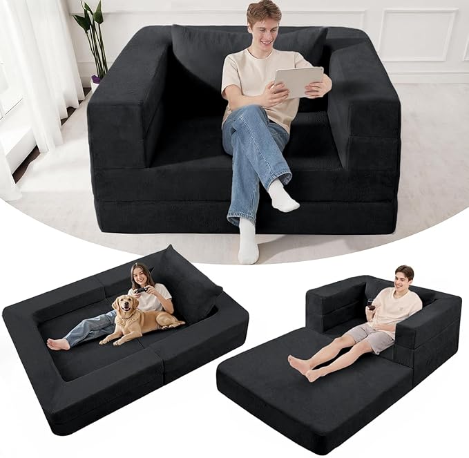 Futon Sofa Bed with Pillow, 3-in-1 Sleeper Sofa Bed with Removable Cover, Convertible Floor Sofa Bed, No Assembly Boneless Couch for Living Room, Bedroom