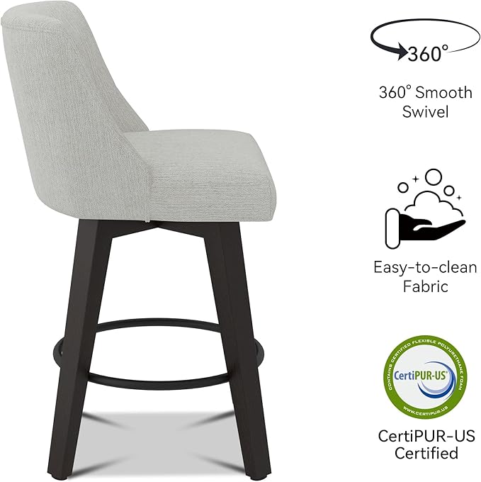 Counter Height Swivel Bar Stools Set of 2, 26" Seat Height Modern Bar Stools with Back and Solid Wood Legs for Kitchen Island, Fabric in Ivory White