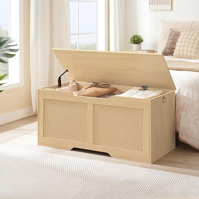HOOBRO Storage Bench, 43.3" Toy Box, Rattan-Like Storage Chest, Sturdy Entryway Bench Supports 220 lb, Toy Chest, Safety Hinge, U-Shaped Opening, Easy Assembly, Natural NL22CW01