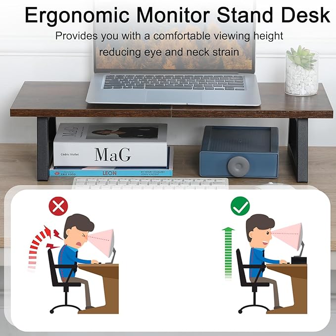 TEAMIX 24 inch Monitor Stand Riser, Rustic Brown Wood & Steel Computer Monitor Stand with Storage, Laptop, PC, Printer Stand Riser for Desktop Office Desk Organizers